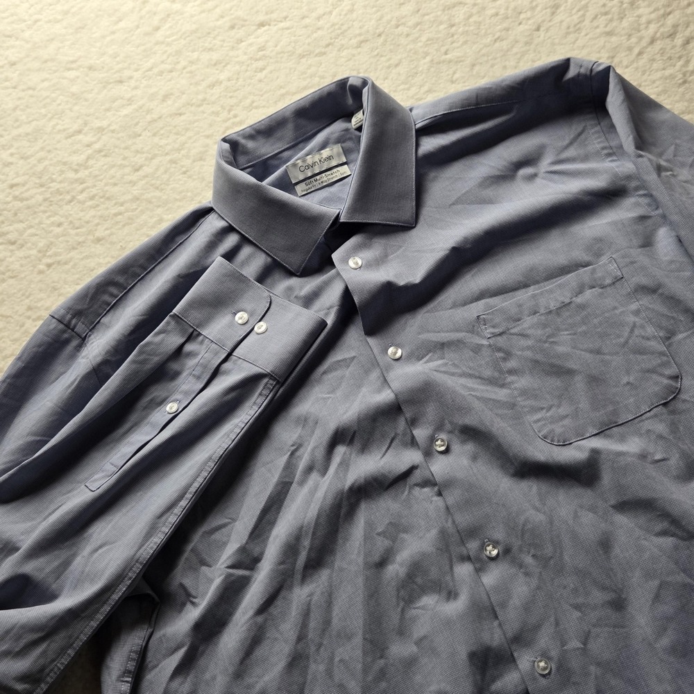 Calvin Klein Dress‎ Shirt Mens XL 17-17.5 36/37 Blue Check Regular Fit Stretch